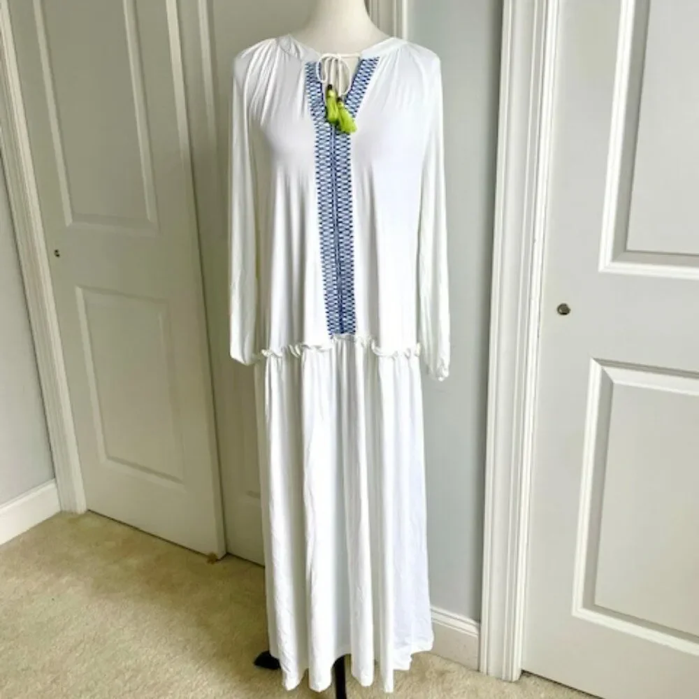 Cabana Life Long Sleeve White Blue Maxi Dress with Tassel Ties Size Large - Picture 1 of 5